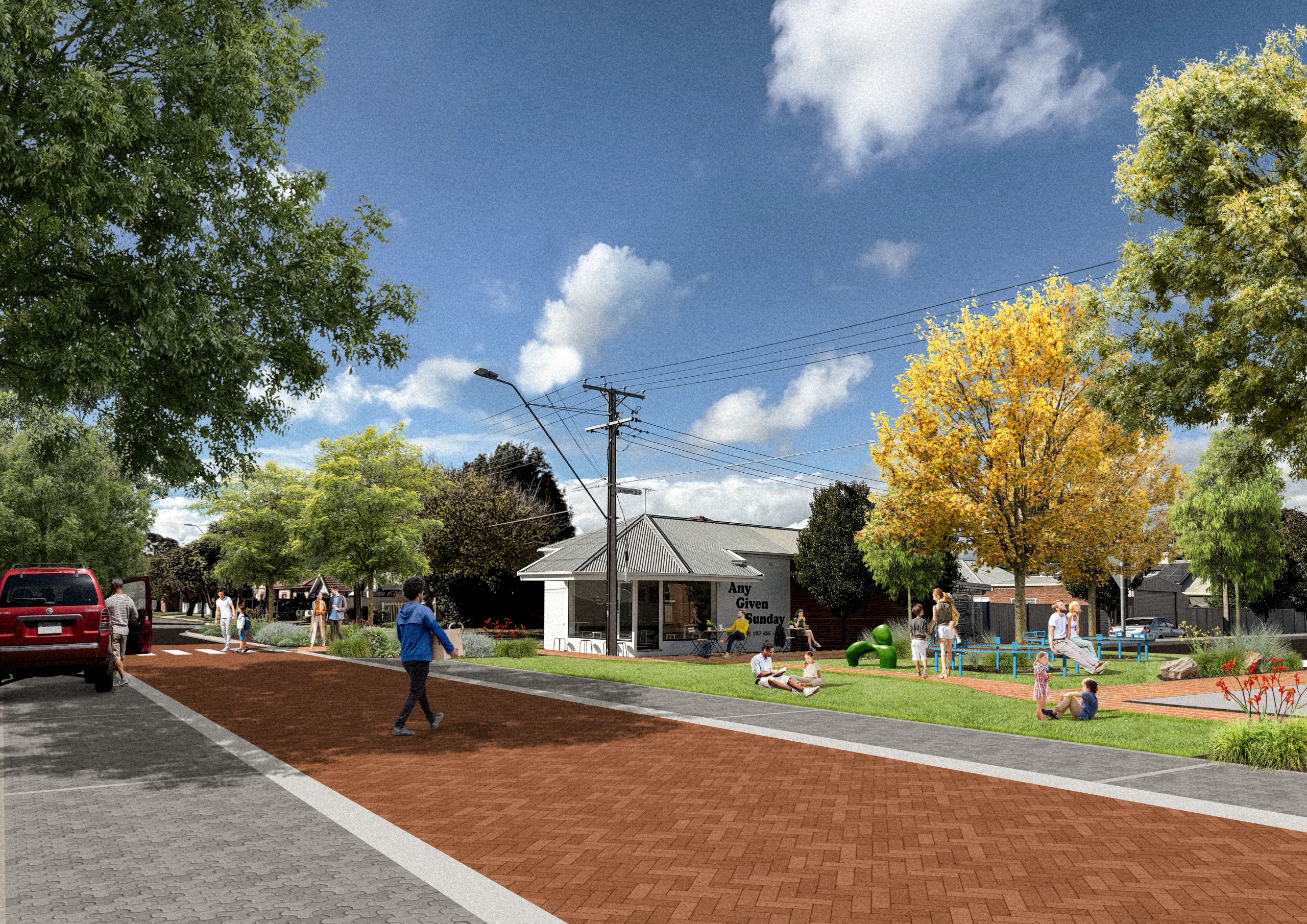 The new pocket park at the intersection of Cirencester and Stroud Street South will provide the community with a space to meet, socialise, and connect. Opportunities for public art, seating, outdoor dining  for the cafe, and materials that reflect the are