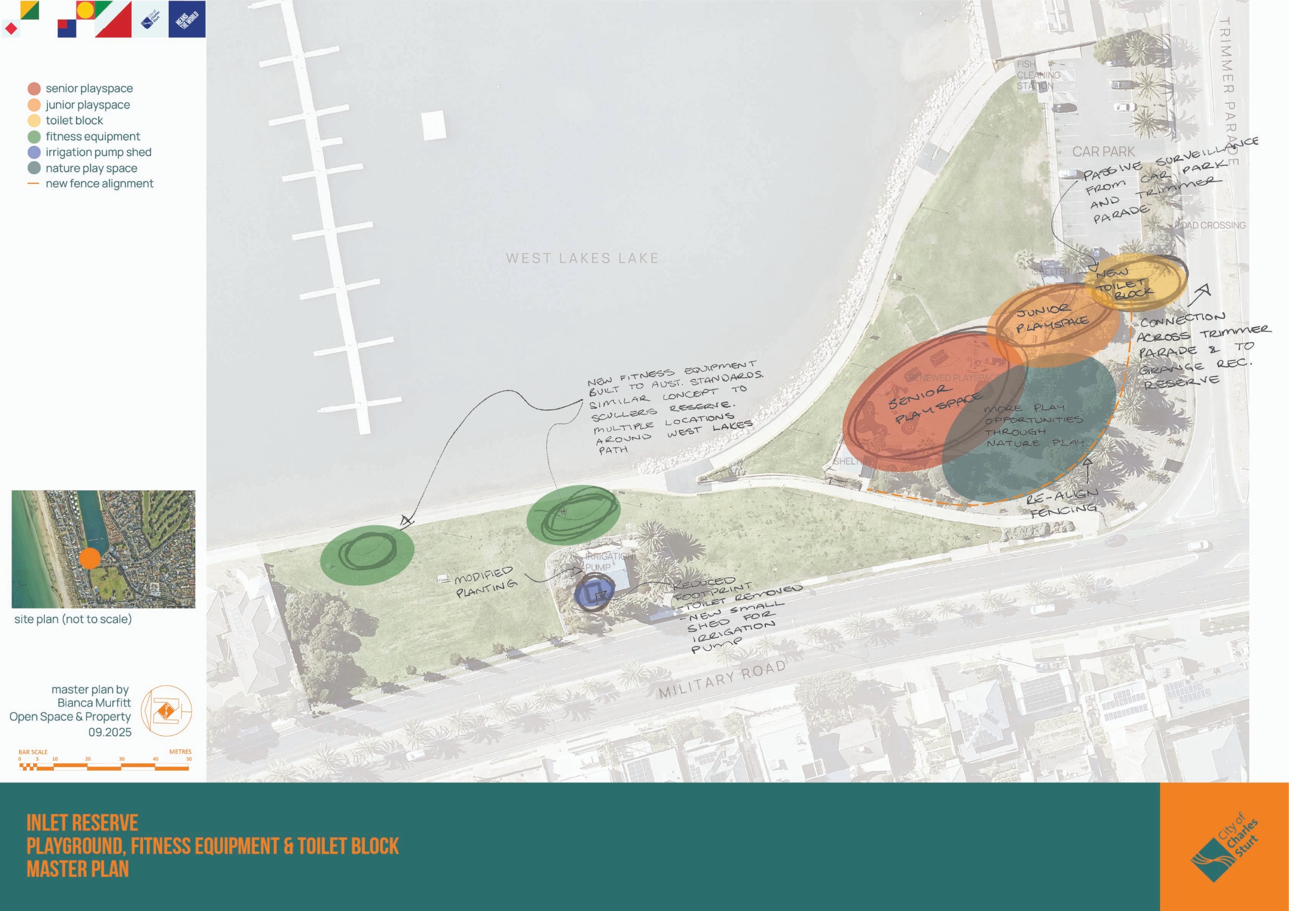 Image of draft Inlet Reserve Renewal Site Plan showing possible locations of new play, fitness and toilet locations