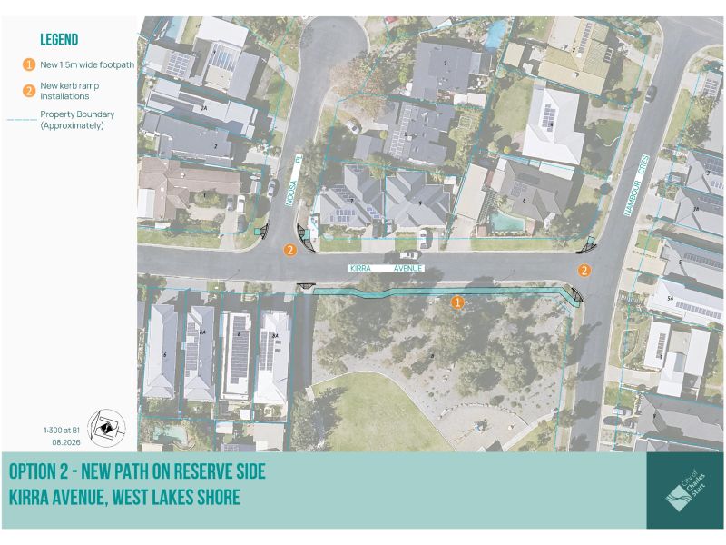 Option 2 - this option shows the path on the western side of Kirra Avenue.  Which is the same side as the reserve.